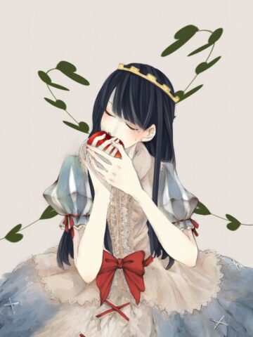 Tranh anime công chúa Snow White duyên dáng ăn táo
