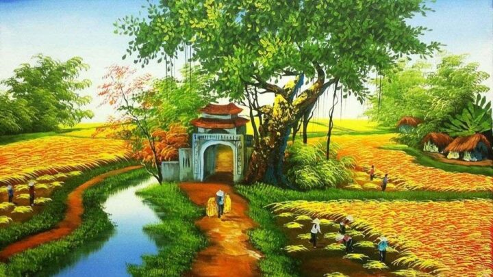 Hình ảnh vẽ tranh quê hương mới nhất, lối đi trước đình làng