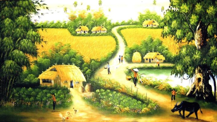 Mẫu hình ảnh vẽ tranh ngôi làng nông thôn quê hương