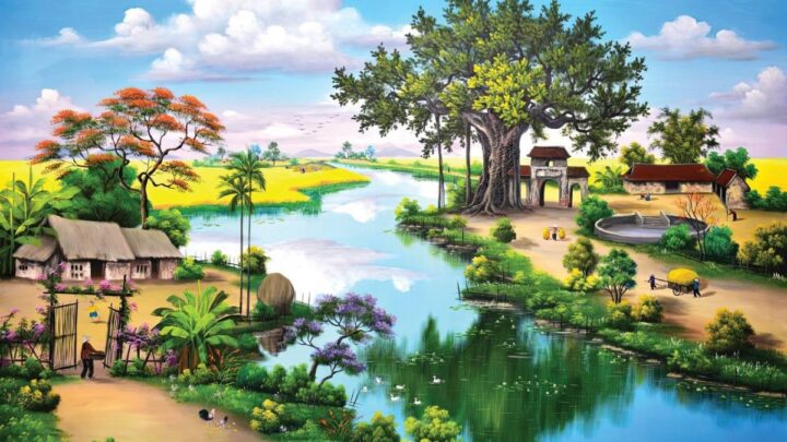 Hình ảnh vẽ tranh nhà ở quê hương bên dòng sông nhỏ đẹp nhất
