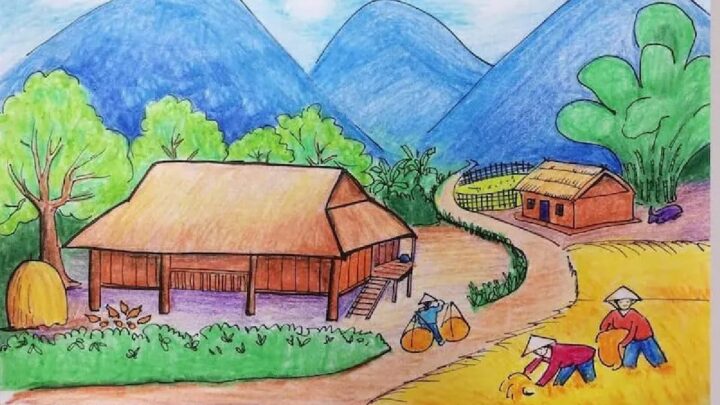 Ảnh vẽ tranh quê hương yên bình với con đường