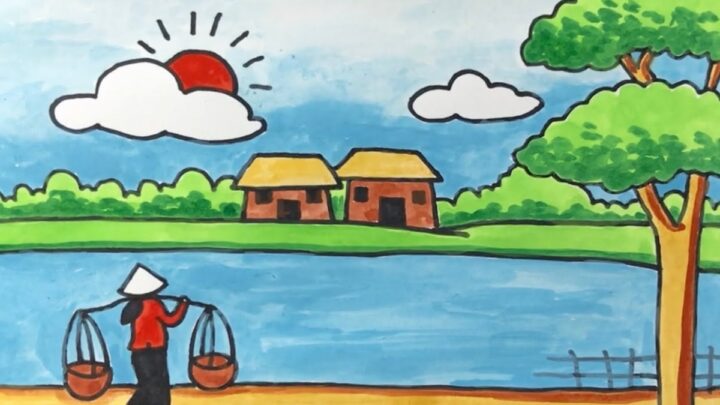 Ảnh vẽ tranh phong cảnh quê hương 4k với ruộng lúa