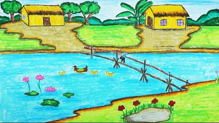 Tranh vẽ phong cảnh quê hương đẹp thanh bình