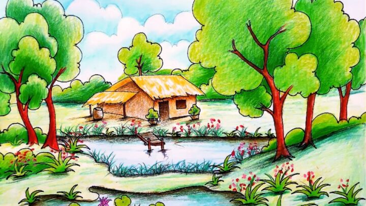 Tải tranh vẽ phong cảnh quê hương đơn giản nhất