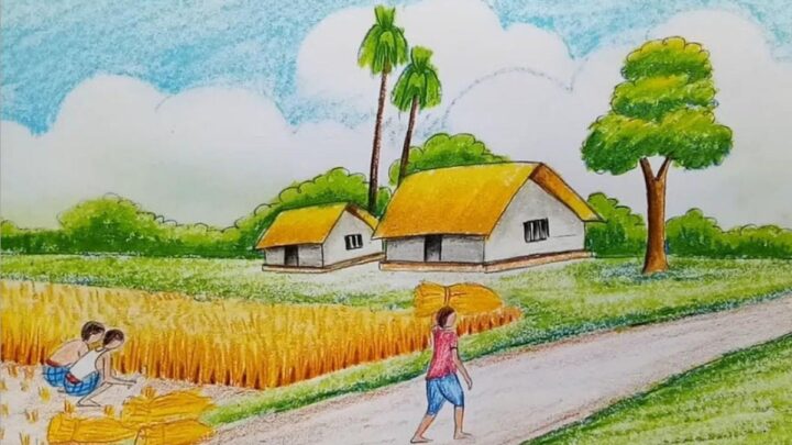 Hình ảnh vẽ tranh thu hoạch lúa quê hương đẹp nhất