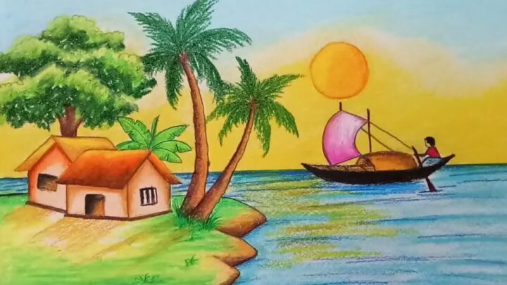 Mẫu hình ảnh vẽ tranh nhà bên dòng sông quê hương 4k