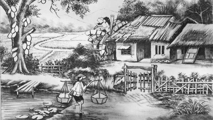 Hình ảnh vẽ tranh phong cảnh quê hương với cây cầu