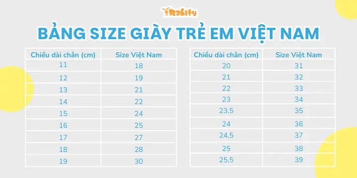2. Bảng size giày trẻ em Việt Nam từ 0-14 tuổi