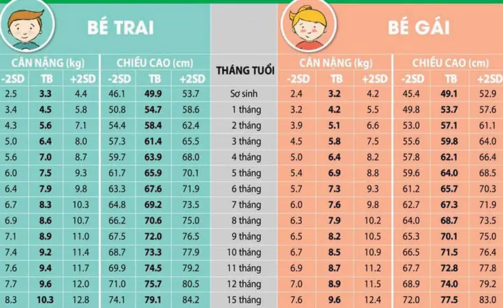 1. Cân nặng theo tháng của trẻ sơ sinh như nào là đạt chuẩn?