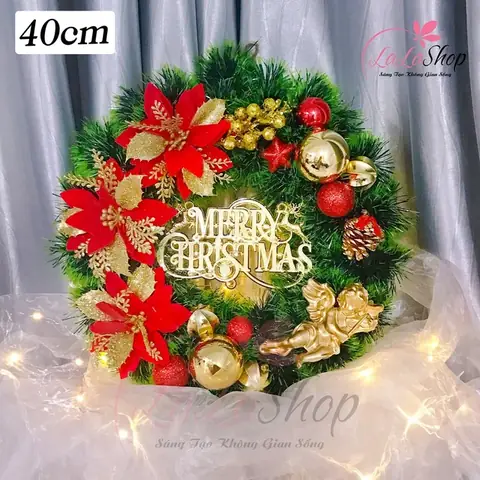 Vòng Nguyệt Quế có đèn 40cm Trang Trí Merry Christmas Hoa Đỏ Vàng Treo Cửa kèm đèn LED