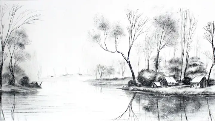 Hình ảnh vẽ tranh quê hương trắng đen