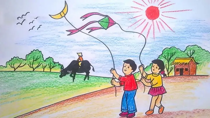 Tranh vẽ quê hương phong cảnh đơn giản cho học sinh