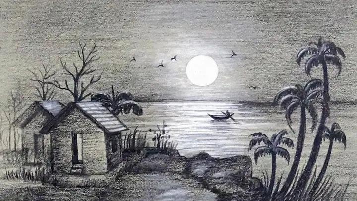 Hình ảnh vẽ tranh quê hương trắng đen