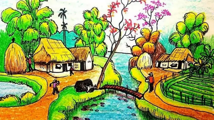 Tranh vẽ quê hương phong cảnh đơn giản cho học sinh