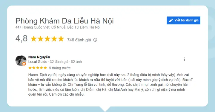 Review của khách hàng về Phòng khám Da liễu Hà Nội